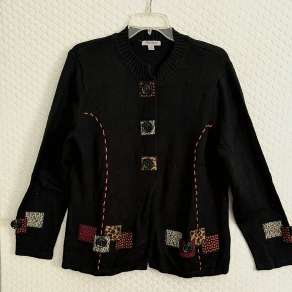 Vtg PBJ Sport Women’s Cardigan Sweater Black /Multicolored Squares -Size L EUC - Picture 1 of 8